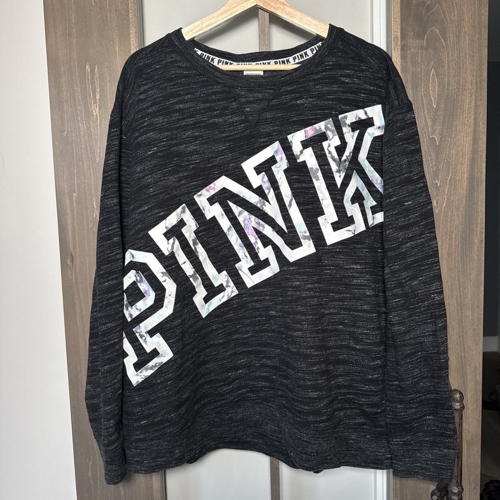 Victoria's Secret Pink Logo Campus Crew Sweatshirt Black Marl Marble Womens L